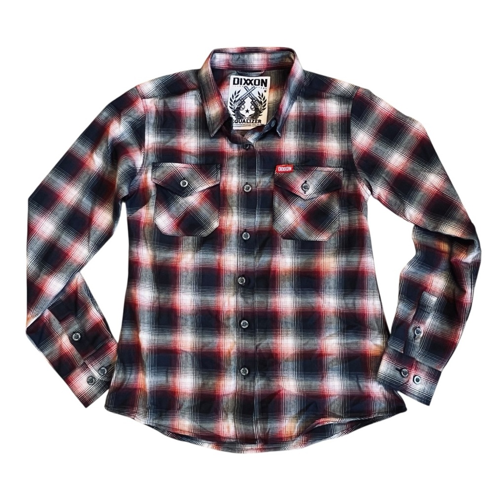 Dixxon Women’s Sz M Red Black Plaid Flannel Button Front Shirt Equalizer Casual - Picture 14 of 14